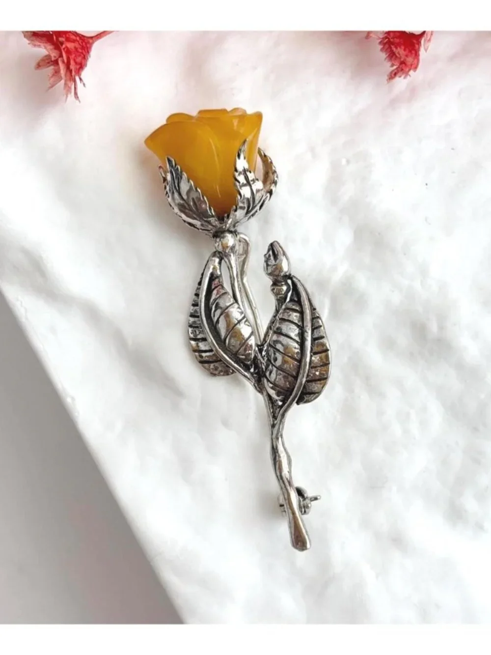 Butterscotch Amber Blooming Rose Floral Sterling Silver Vintage 925 Brooch